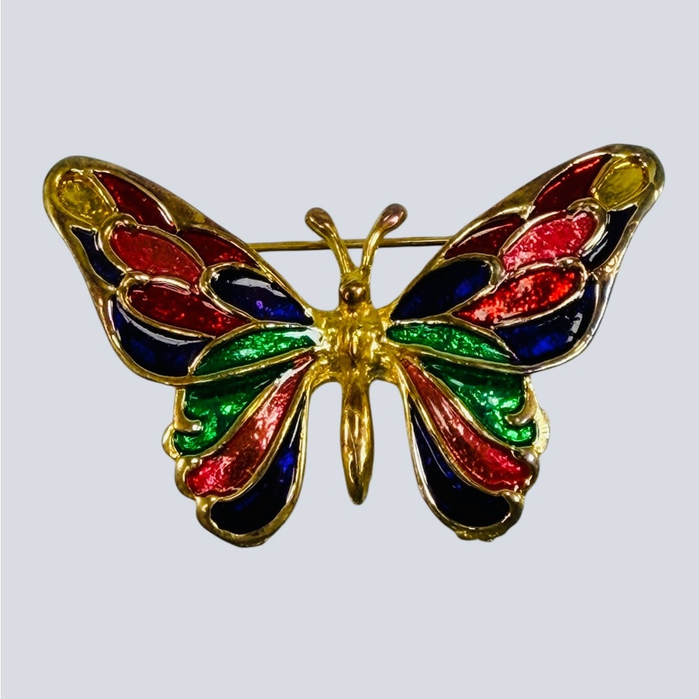 Vintage Gold Tone Butterfly Enamel Brooch Pin Red Cobalt Blue Green Bug Insect
